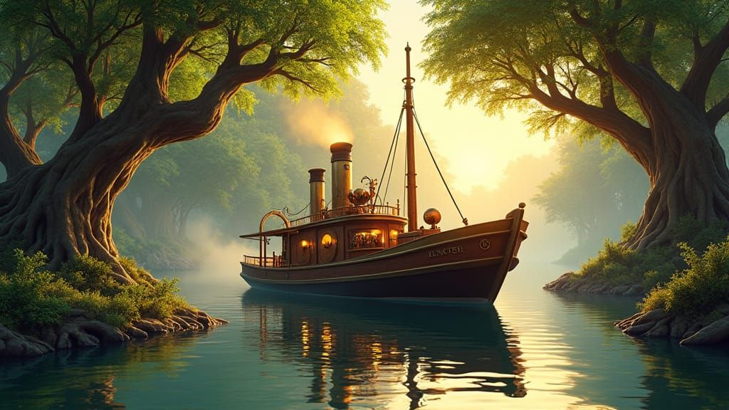 Steampunk Boat Reflects Sunset on Serene River