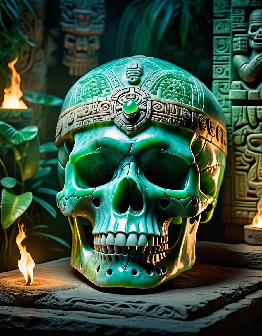 Jade Mayan Skull in Temple: Dark Fantasy Art