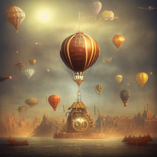 Steampunk Floating City of Airships and Balloons