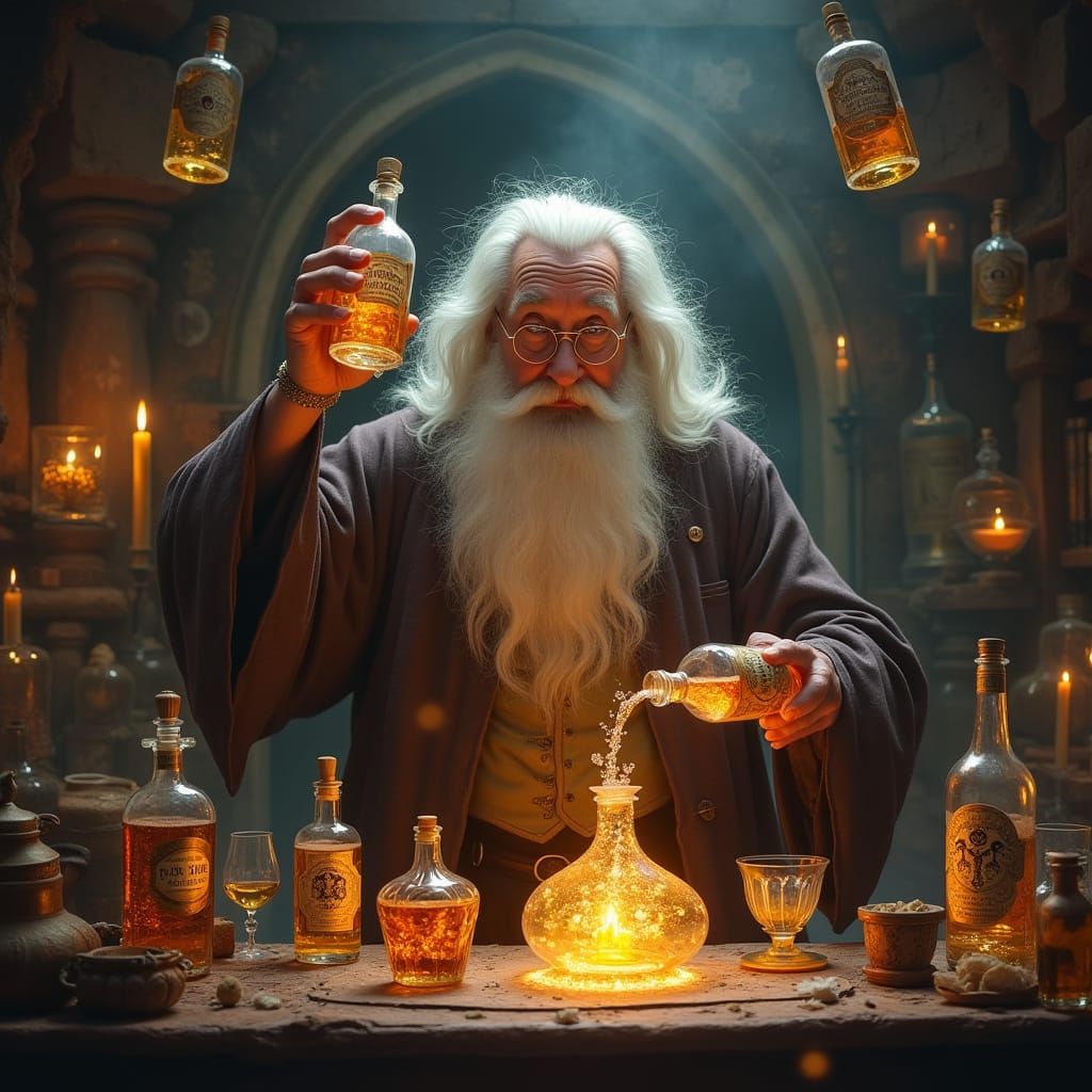 Mystical Alchemist Conducts Enchanted Ritual in Golden Glow