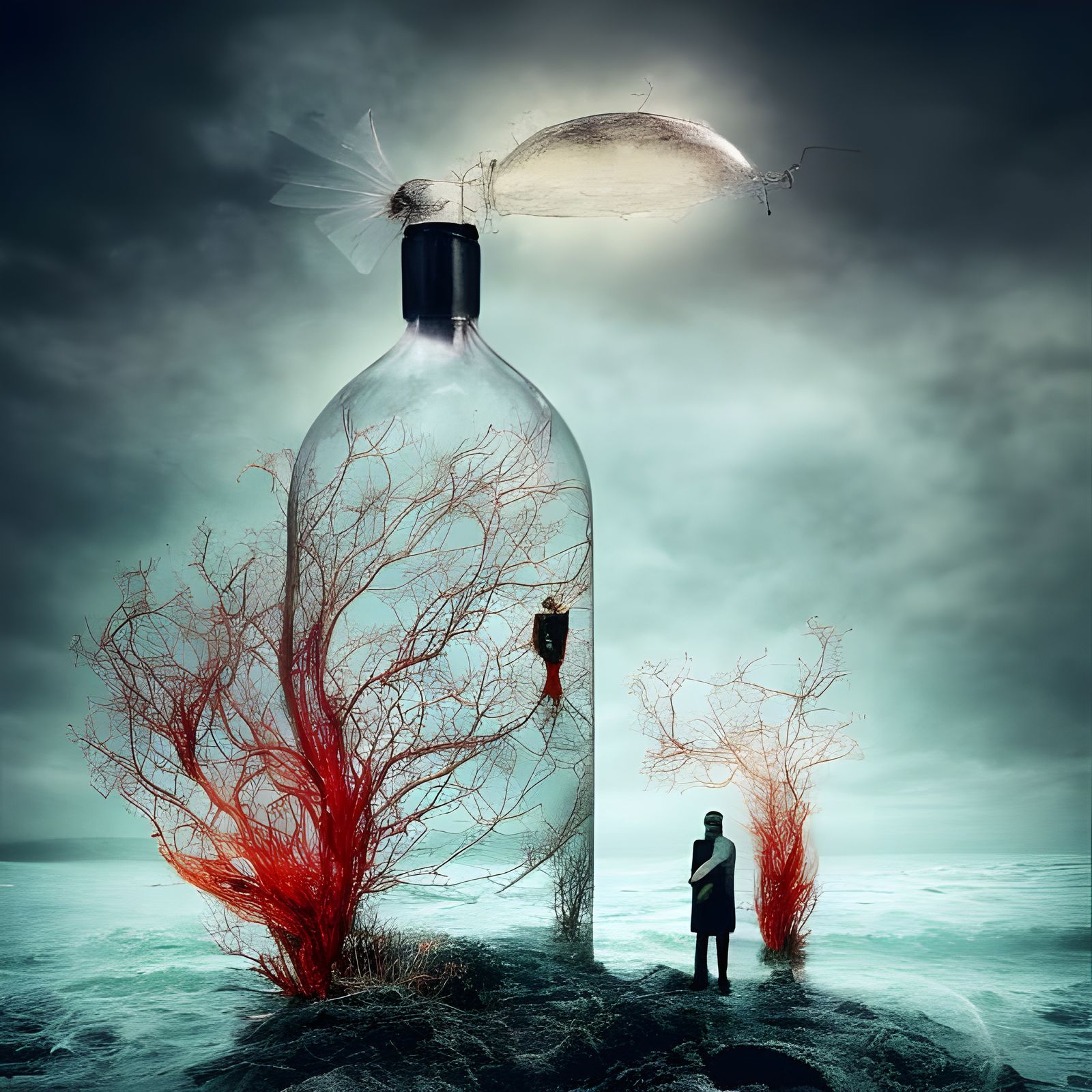 Message in a Bottle on Stormy Ocean