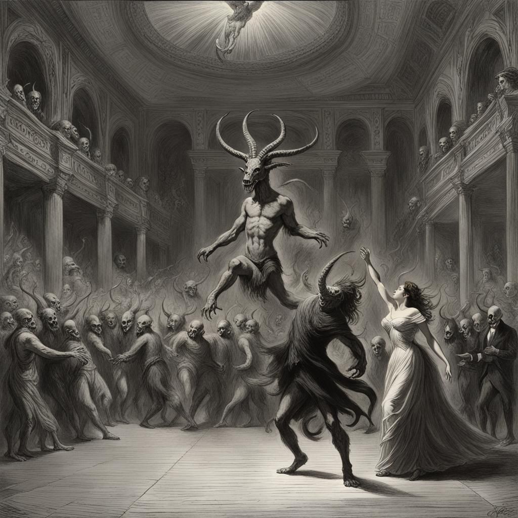 Baphomet's Ballroom Dance: A Gothic Horror Illustration