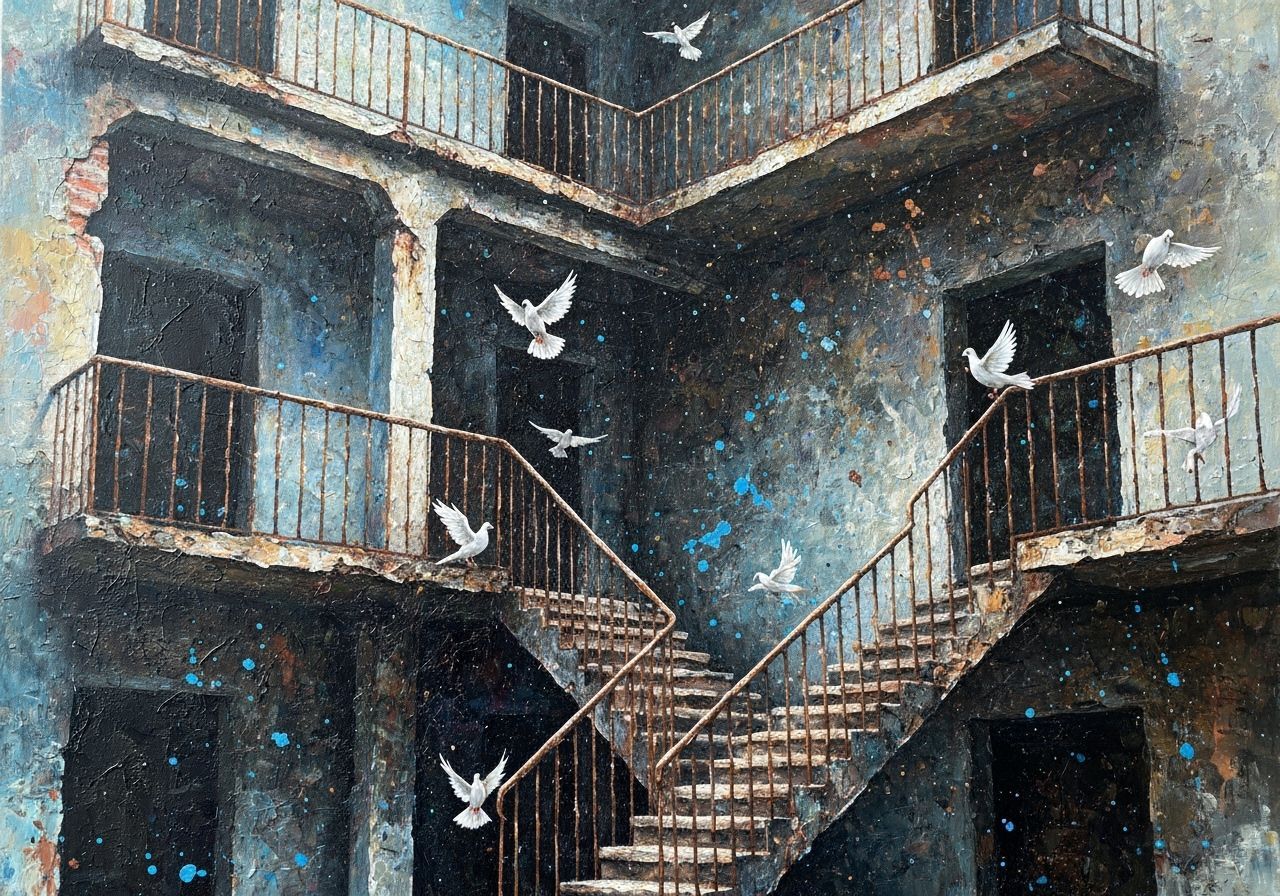 Dilapidated Building with Crumbling Staircases and Doves