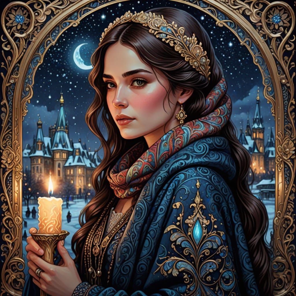 Seductive Victorian Beauty in Cosmic Art Nouveau Frame