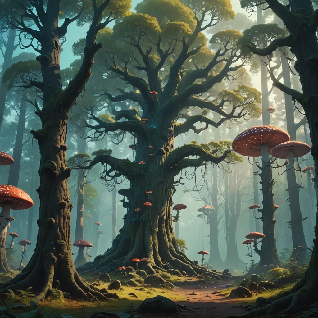 Mystical Forest Landscape with Ancient Tree