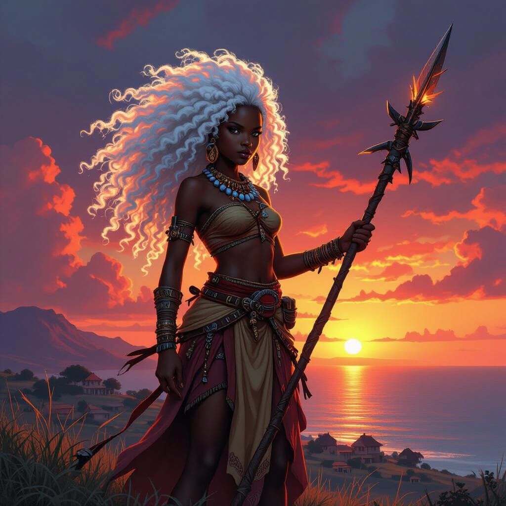 African Warrior Girl in Epic Fantasy Sunset