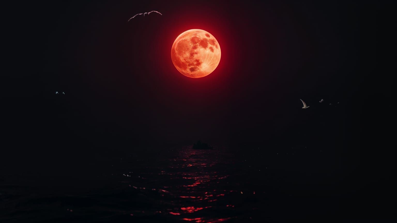 Dramatic Red Moon Over Black Sea at Night