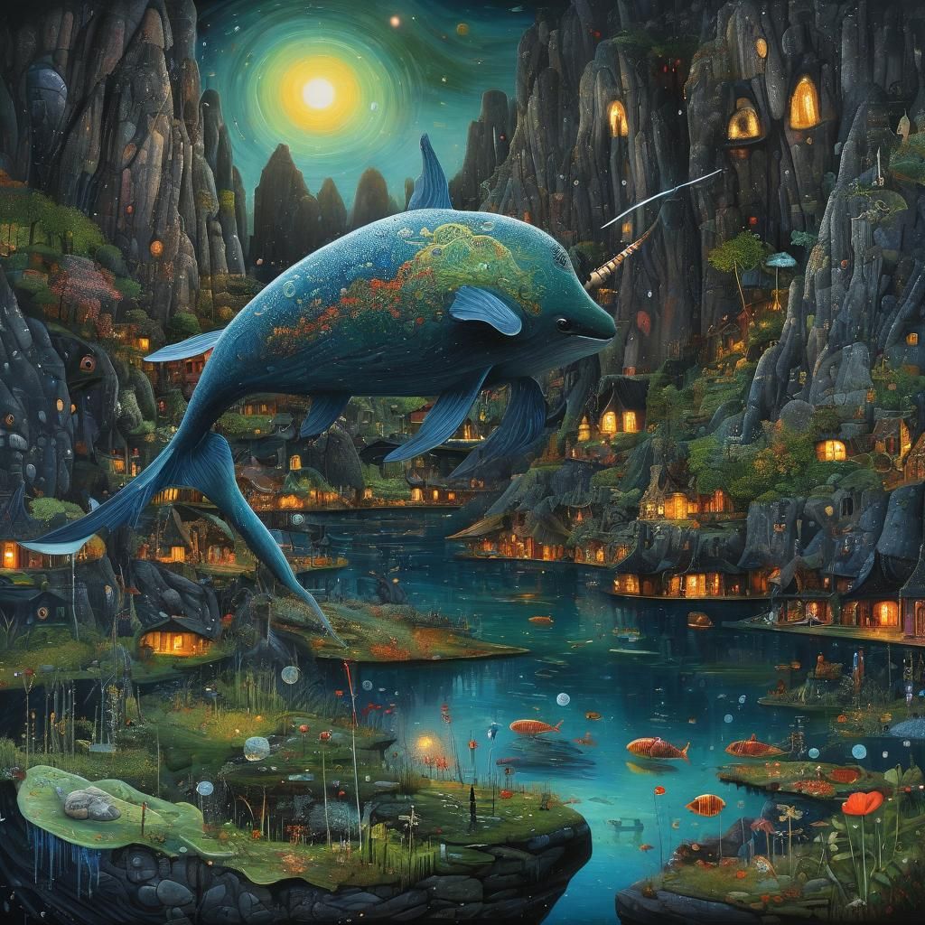 Cosmic Narwhal in Hundertwasser and Bosch Style