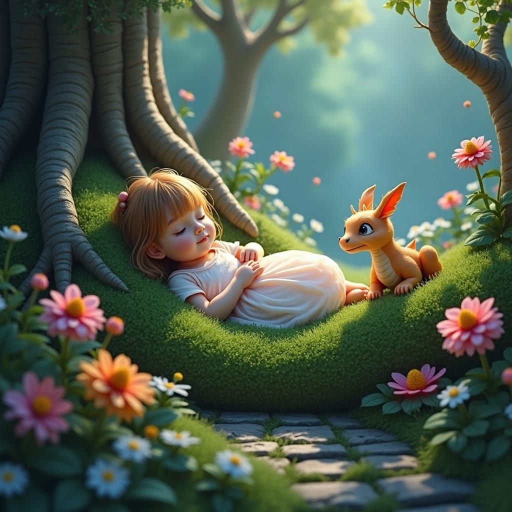 Girl and Dragon in Whimsical Fairy Garden