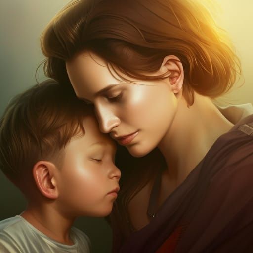 Mother and son love bond head and shoulders portrait, 8k resolution concept art portrait by Greg Rutkowski, Artgerm, WLO...
