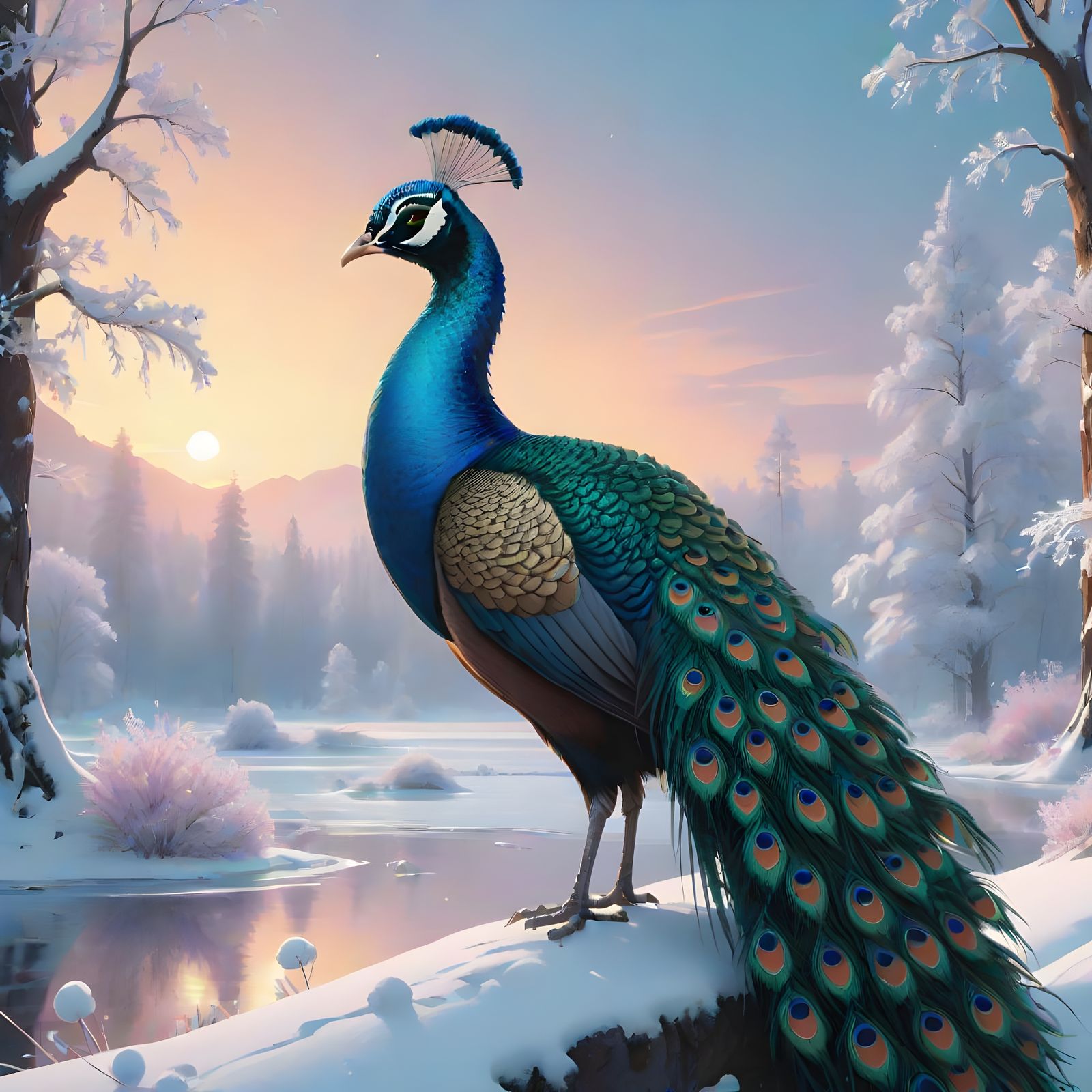 Winter Peacock in Vibrant, Mixed-Media Style