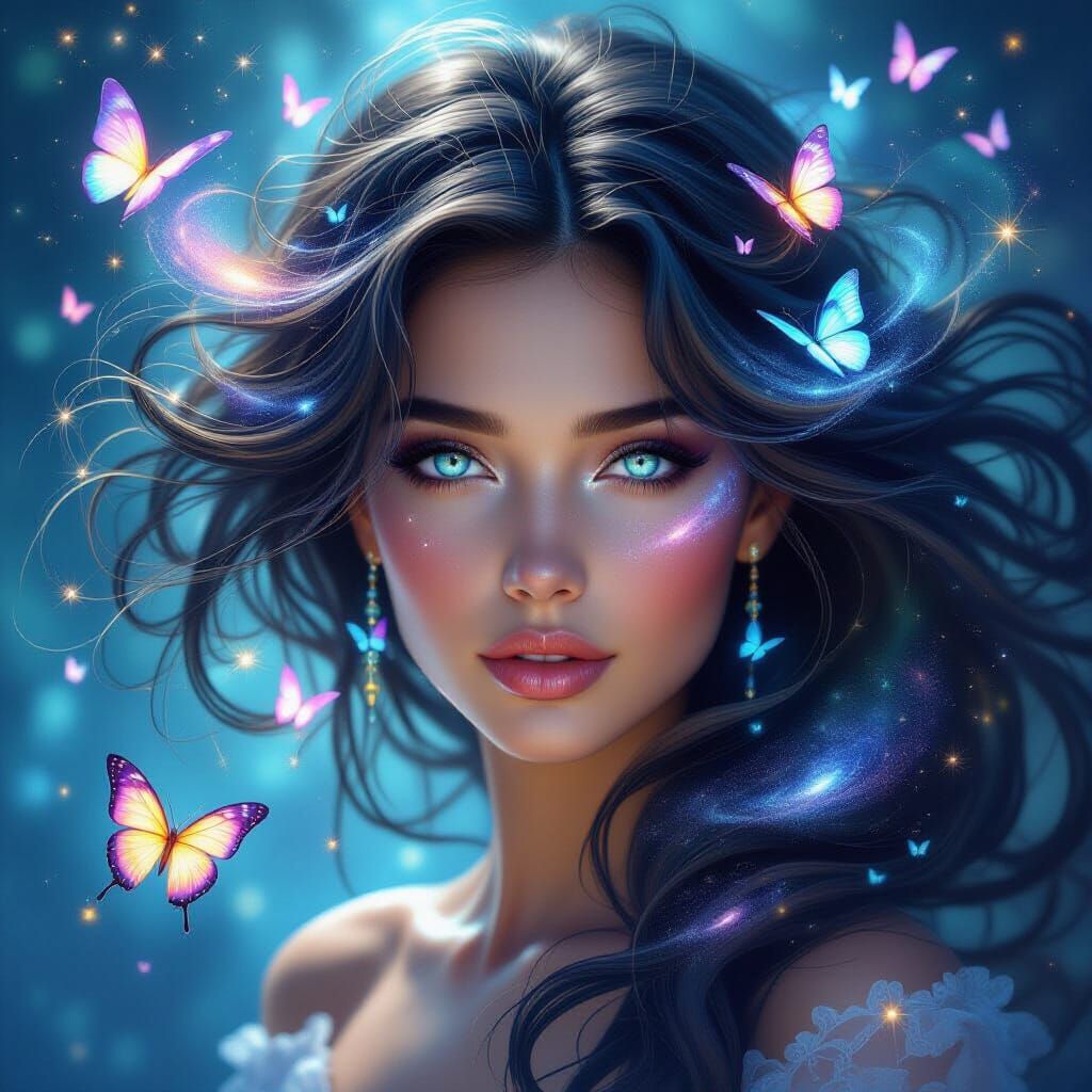 Surreal Woman Portrait with Galactic Hair & Light Butterflie...