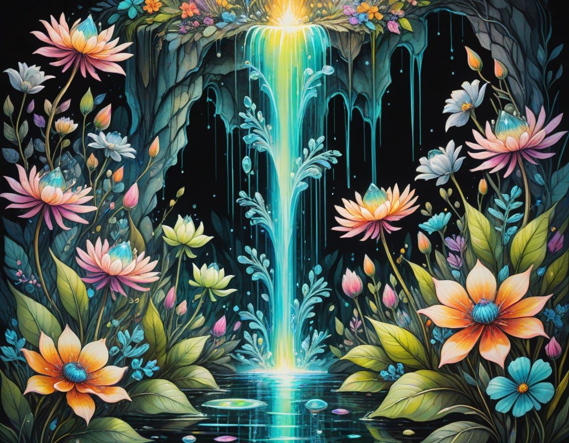 And it is a copying of 
aixelsyd_puff @aixelsydpuff Mixed media. Close-up. A transparent crystal cascading waterfall, de...