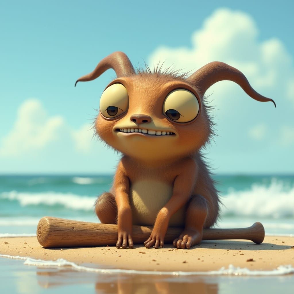 Sad Stick Figure on Beach, 3D Animated Style