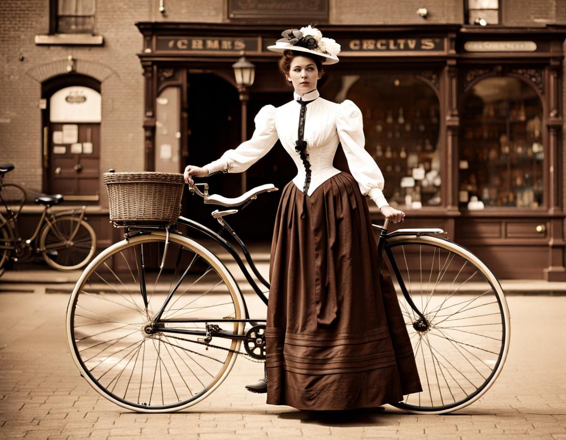 Victorian Woman on Vintage 1880s Bicycle