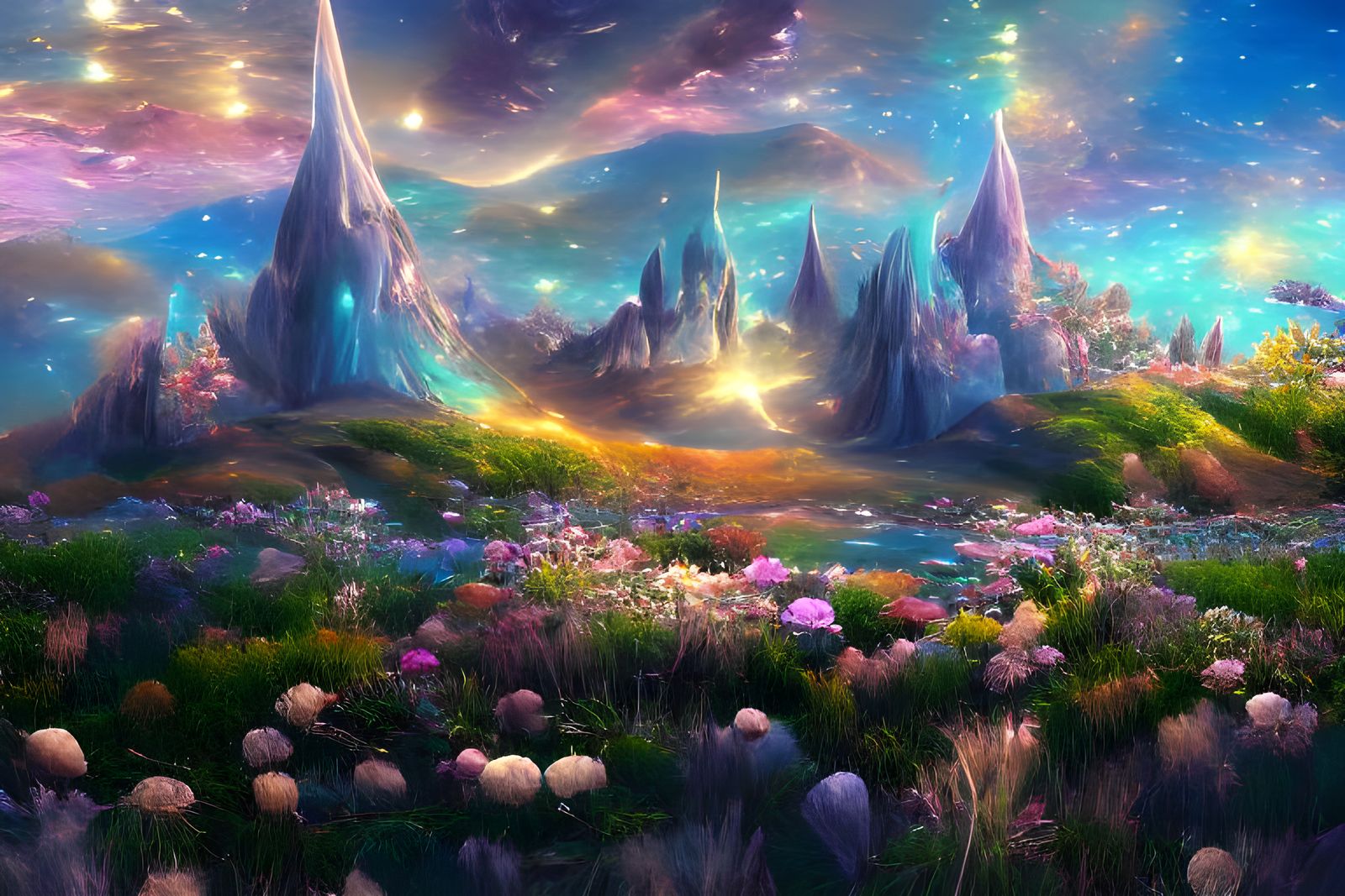 Iridescent Pastel Alien Landscape Under Purple Moon