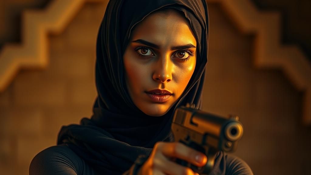 Statuesque Woman with Pistol in Cinematic Lighting