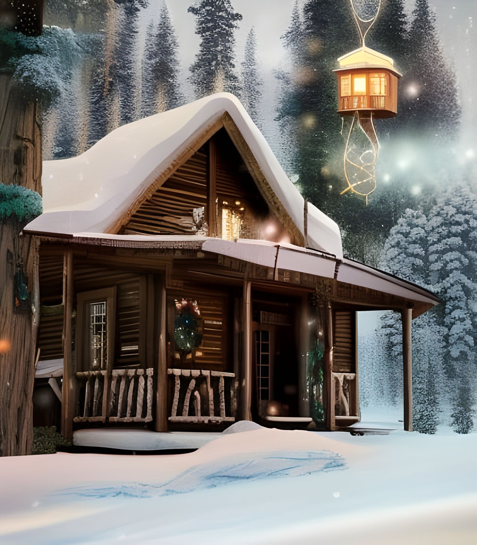 Christmas Cabin in Snowy Woods: Hyperdetailed Photography