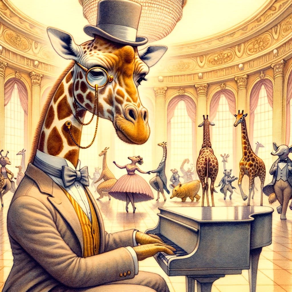 Elegant Giraffe at the Ballroom Piano: Watercolor Illustrati...