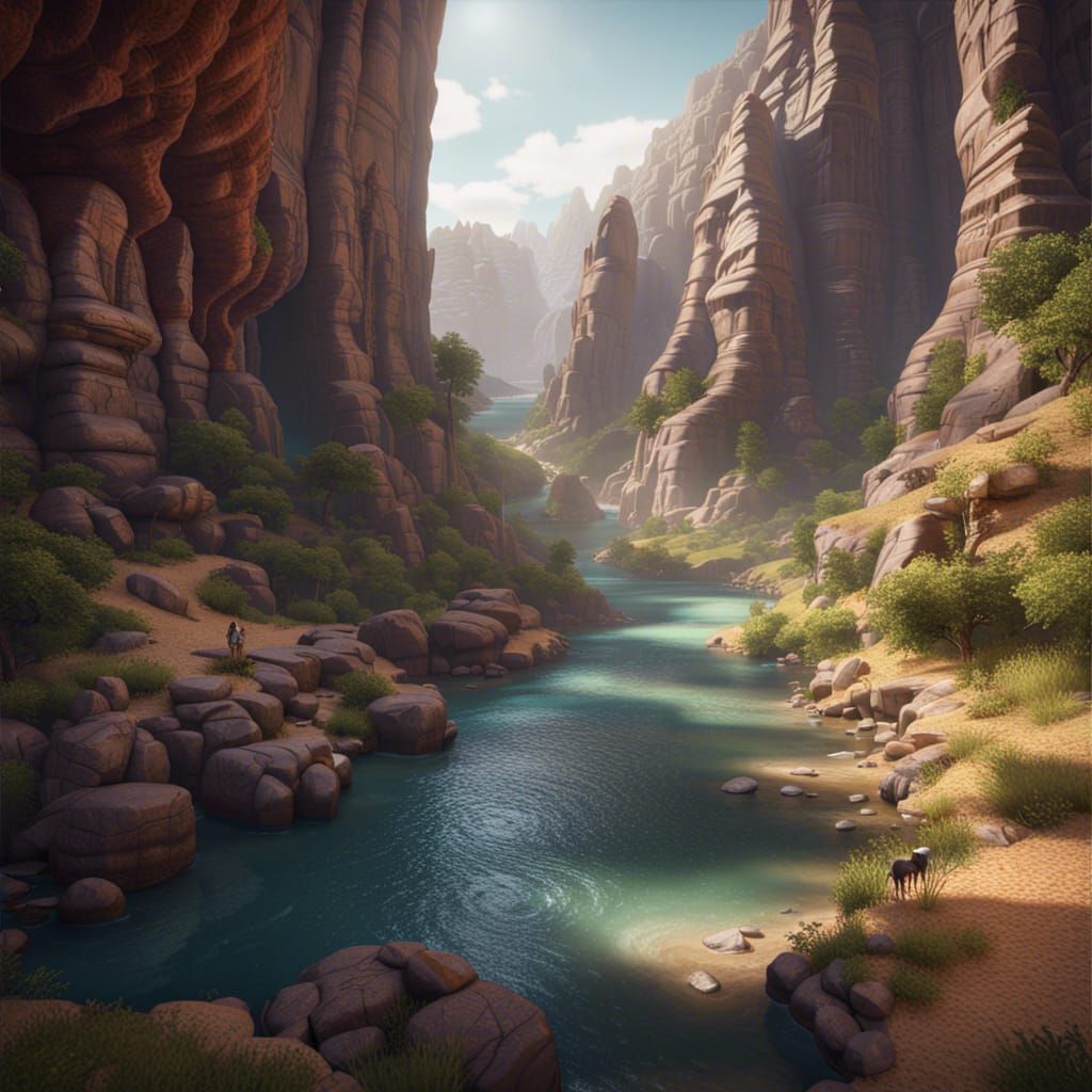 Serene Canyon Landscape with River and Travelers