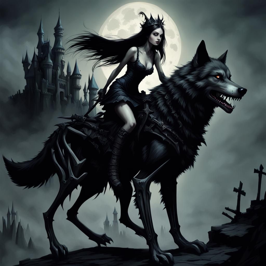 Fairy Girl on Skeletal Wolf in Dark Castle