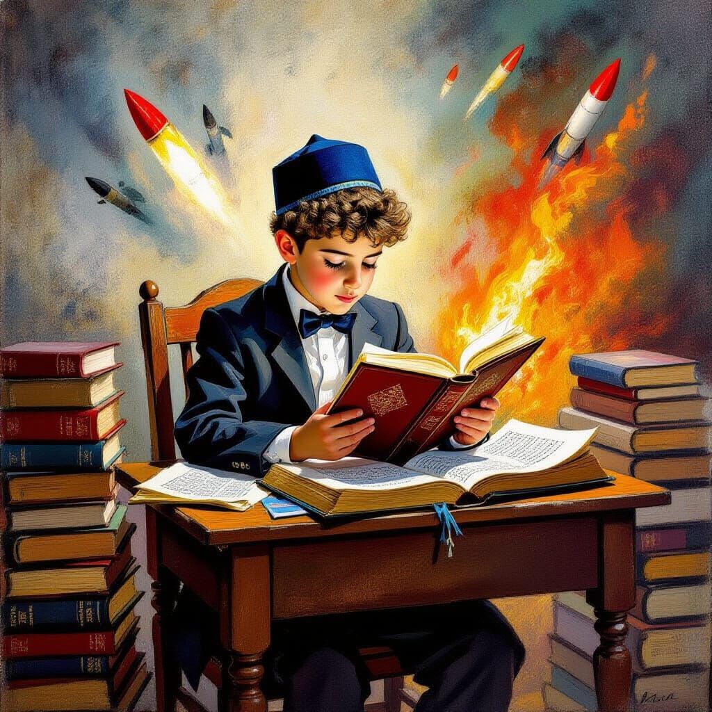 Boy Studies Torah Amidst Fire, in Chagall Style
