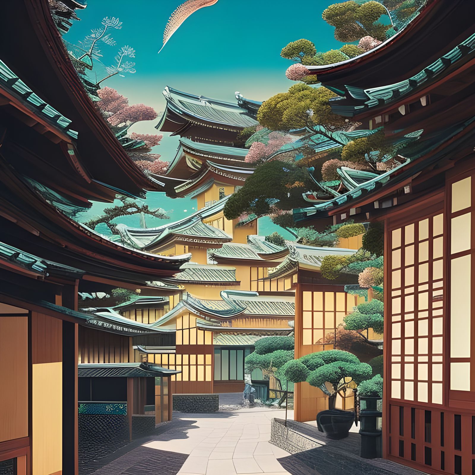 Coastal Japanese Town: A Surreal Detailed Artwork