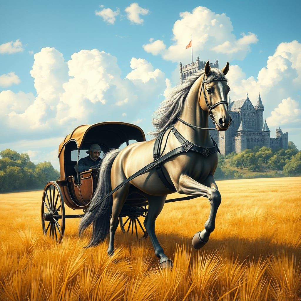 Majestic Horse-Drawn Carriage in Open Field