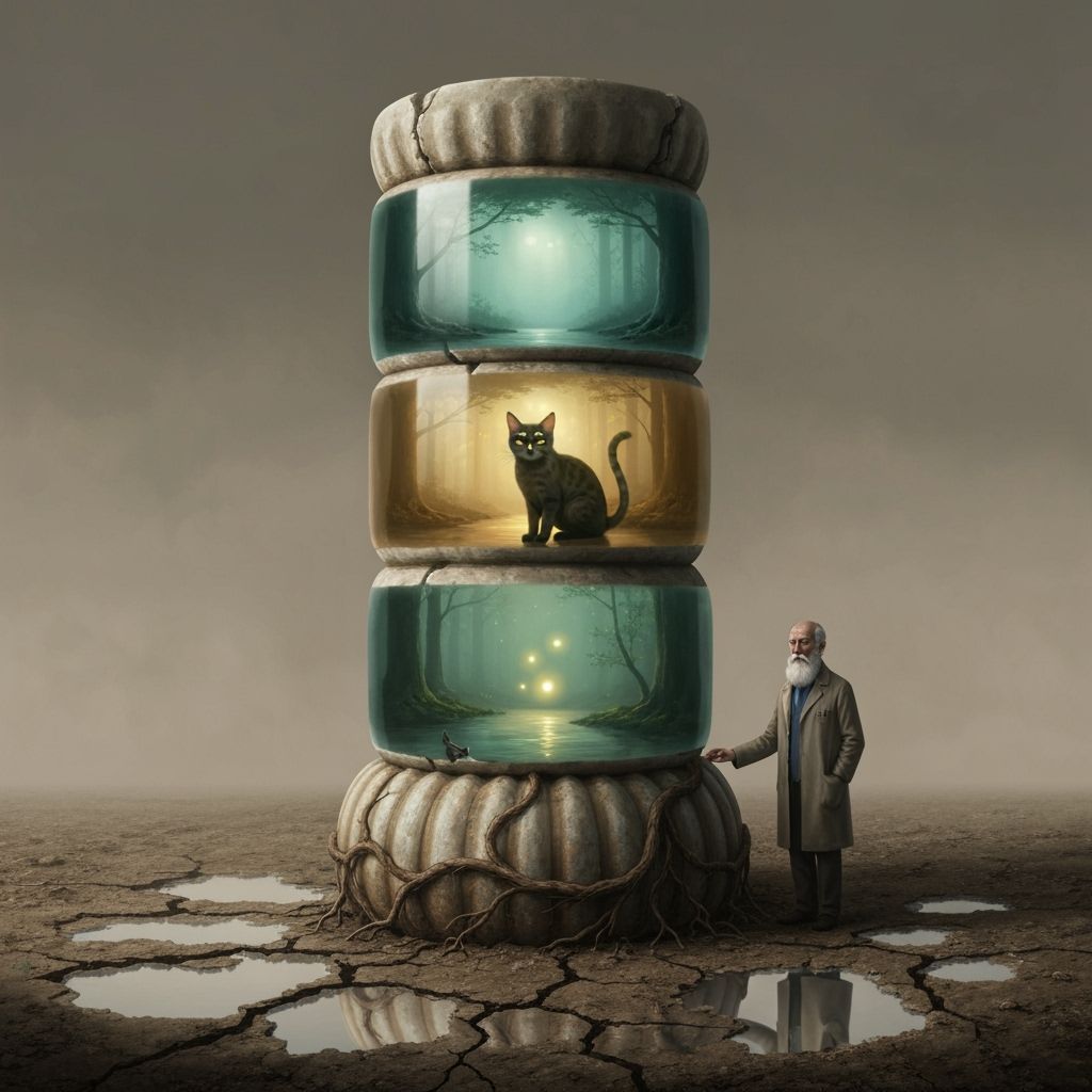 Mystical Cat in Fossil Structure, Surreal Painterly Scene