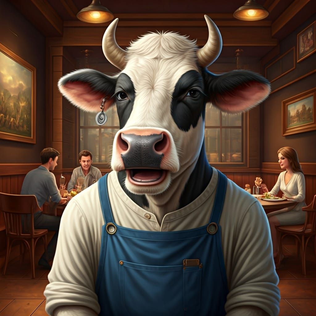 Cow Chef Cooking in Restaurant for Dining Couple