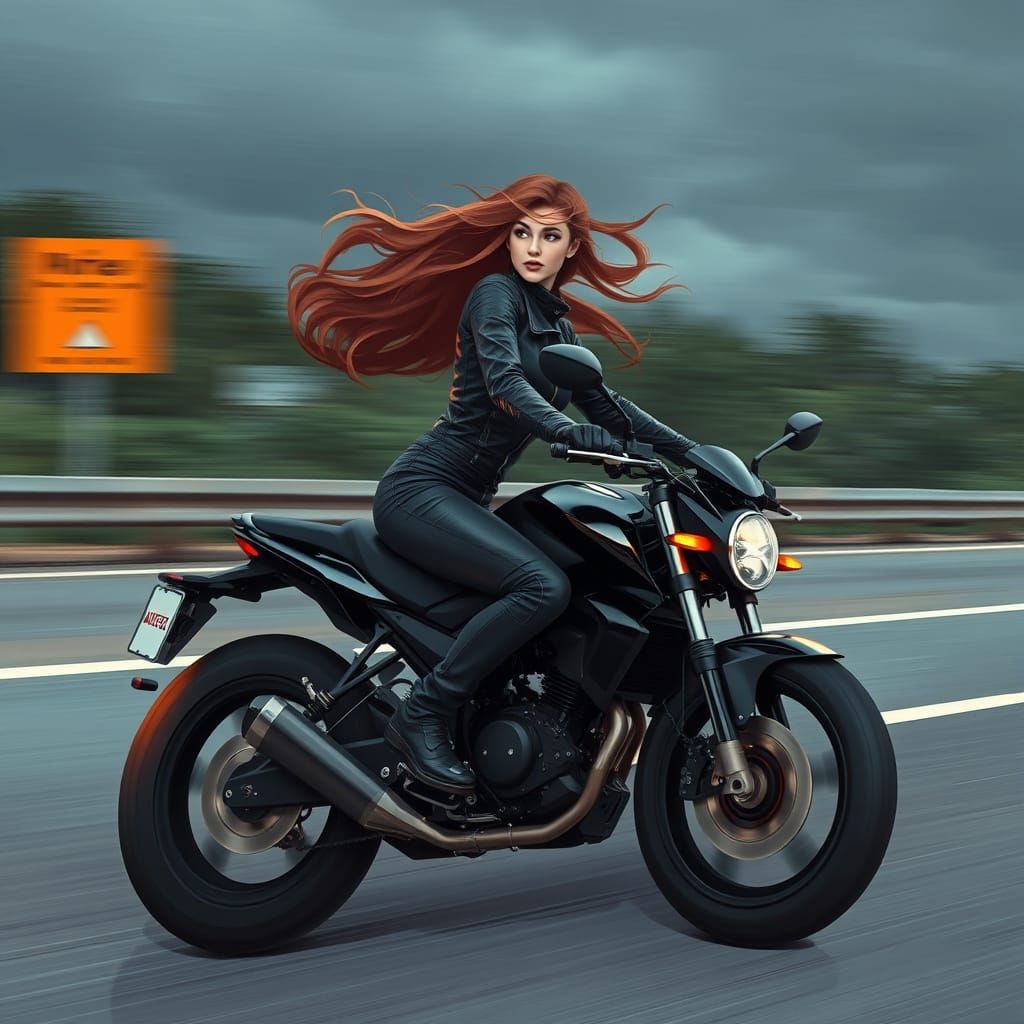 Futuristic Biker Woman Speeds Down Highway