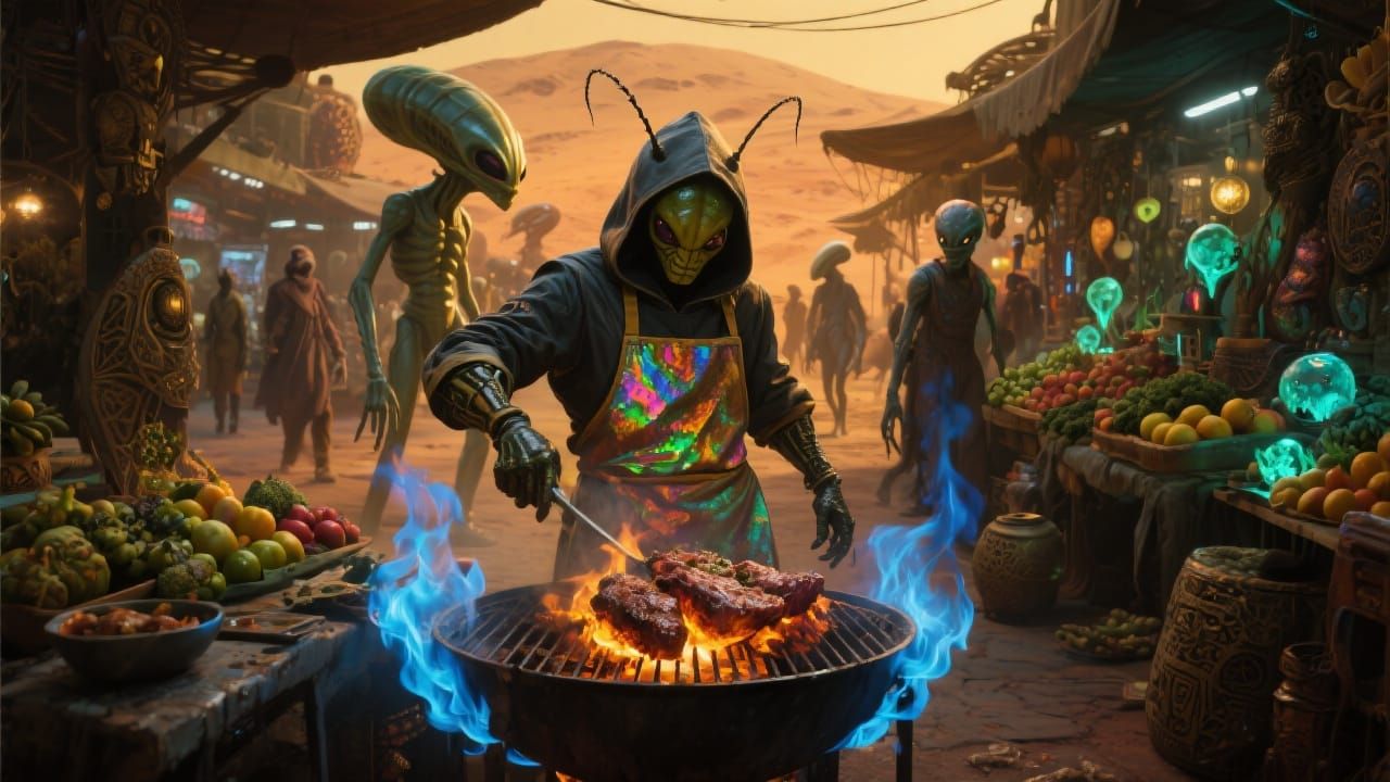 Alien Bug Chef BBQ on Mars in Sci-Fi Style