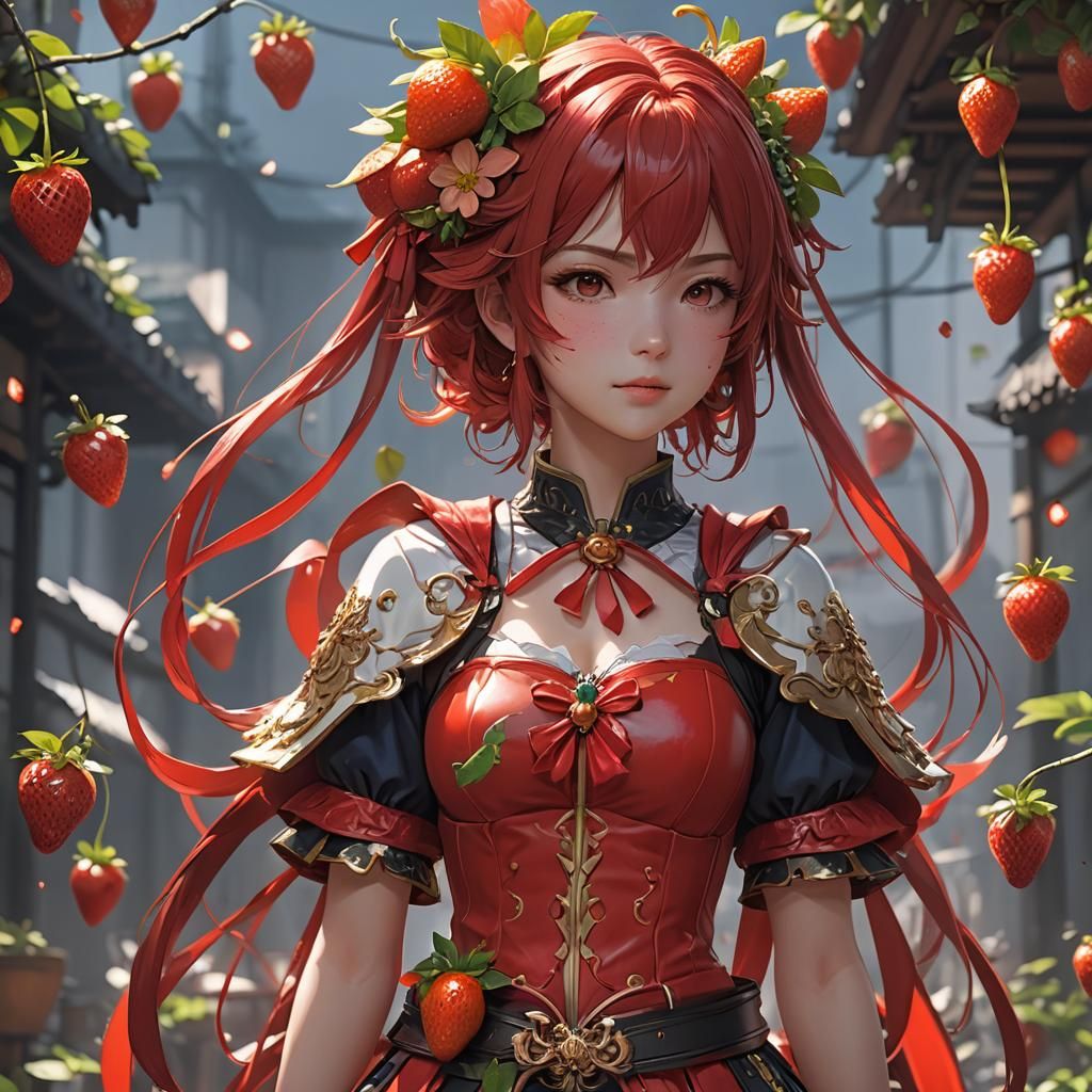 Hyperrealistic Strawberry in Anime Style 3D Art