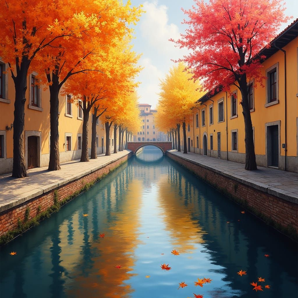 Milan Canal in Autumn Neo-Impressionist Style