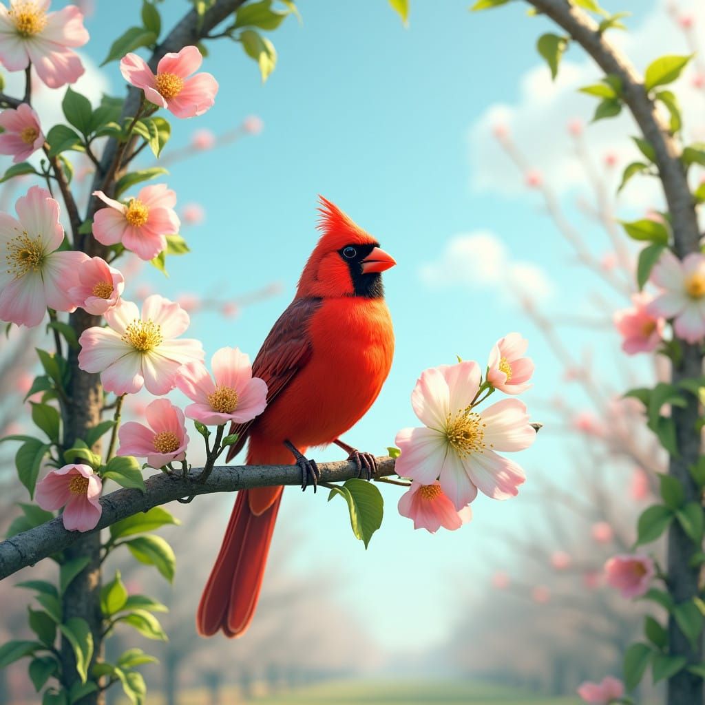 Vibrant Cardinal Amidst Spring Blooms