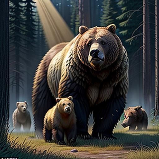 The boys turned to see a giant grizzly bear standing behind Leo. Its fur shimmered in the sunlight, and a single glowing...