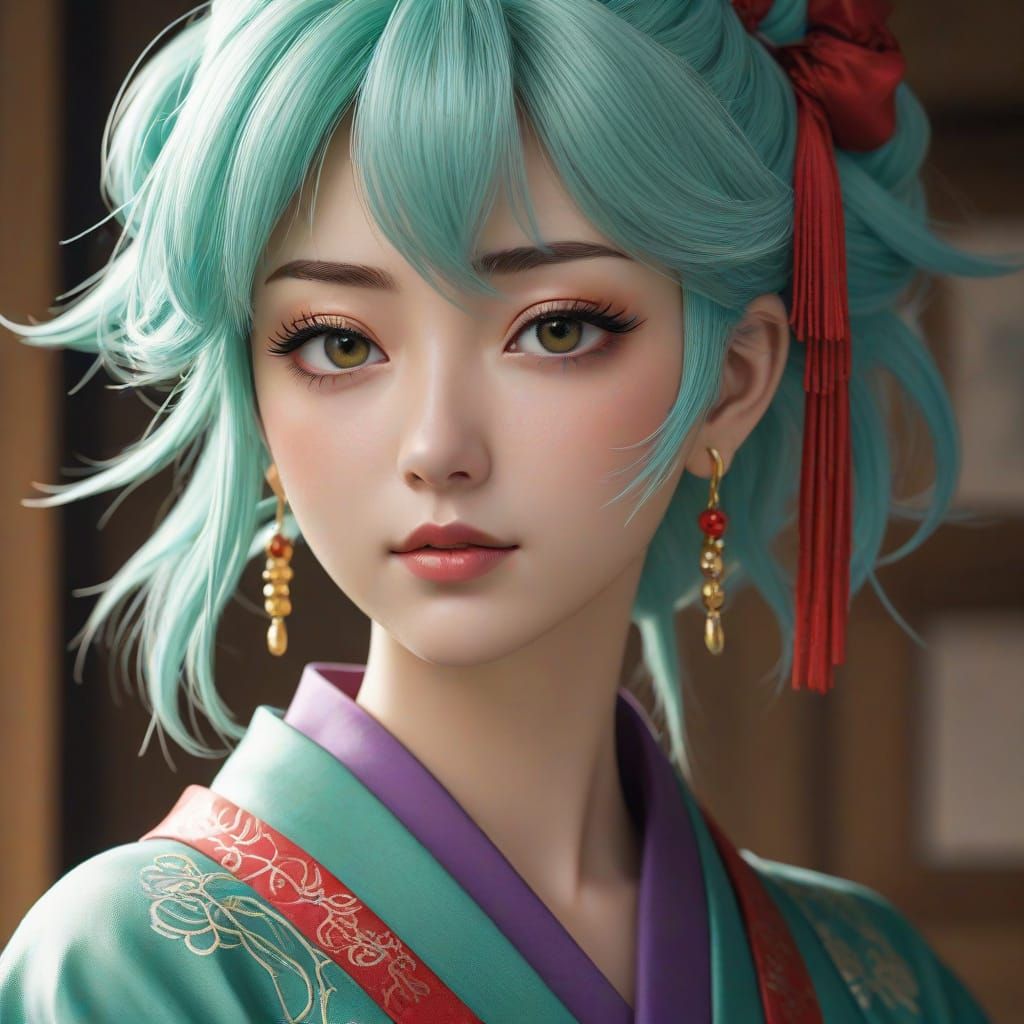 Tomoe in Green Kimono, Manga Art Style