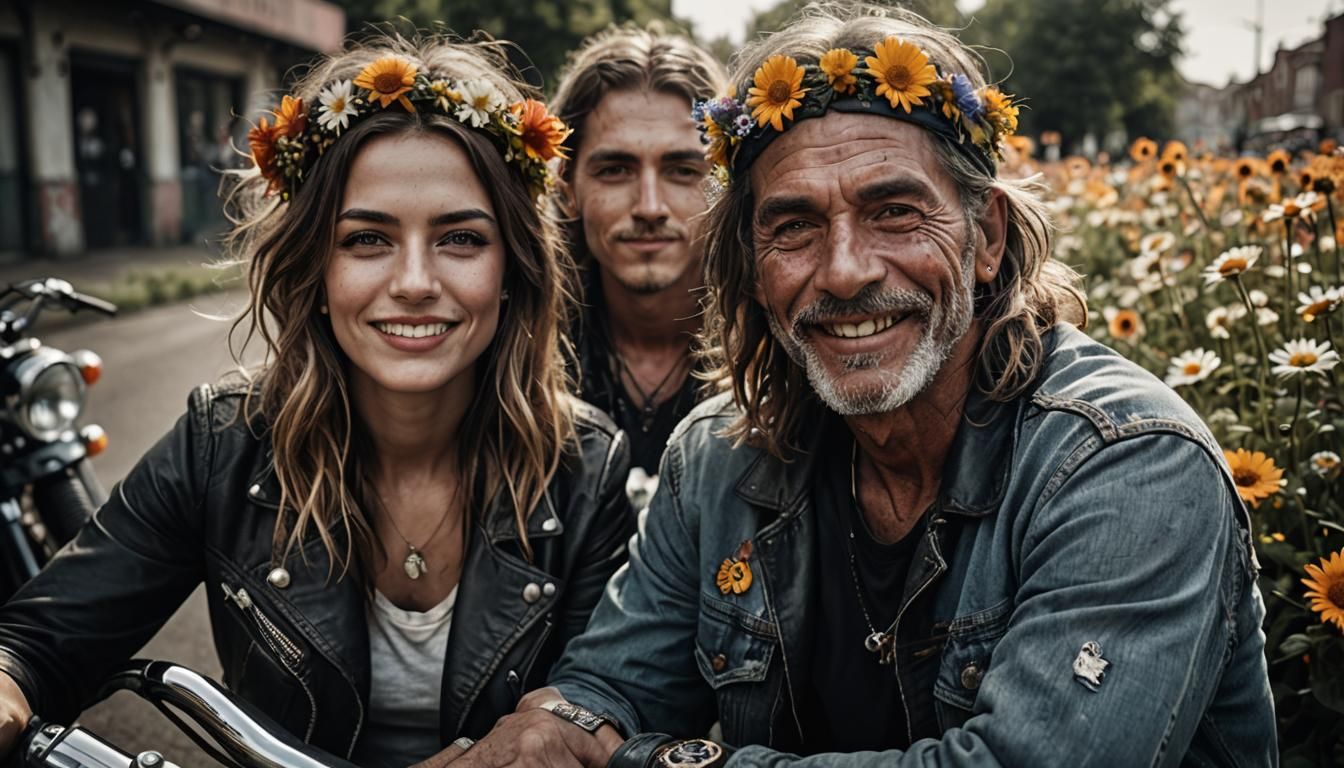 Harley-Davidson with Hippies Portrait in Fine Art Style