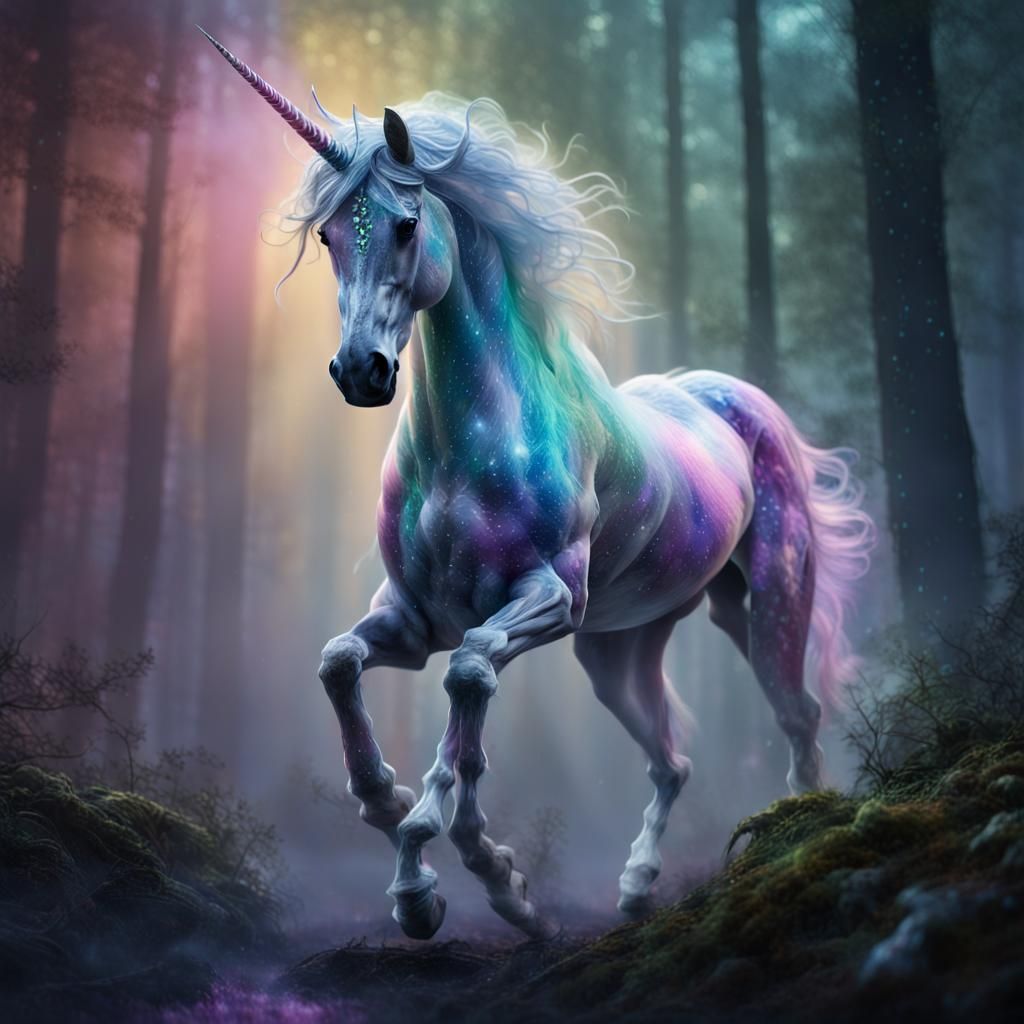 Rainbow Crystal Unicorn in Moonlit Forest