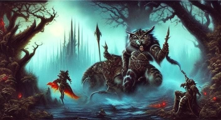 Cat Warrior in Deep Fantasy Landscape