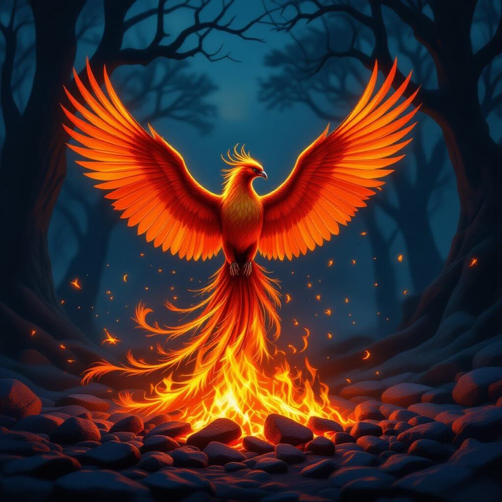 Majestic Phoenix Rises from Embers in Enchanted Forest