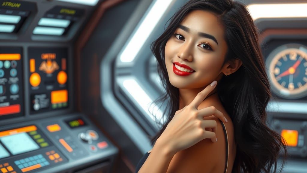 A slender, young Asian queen with long, luscious black hair and an enigmatic smile stands poised in front of a sleek, fu...