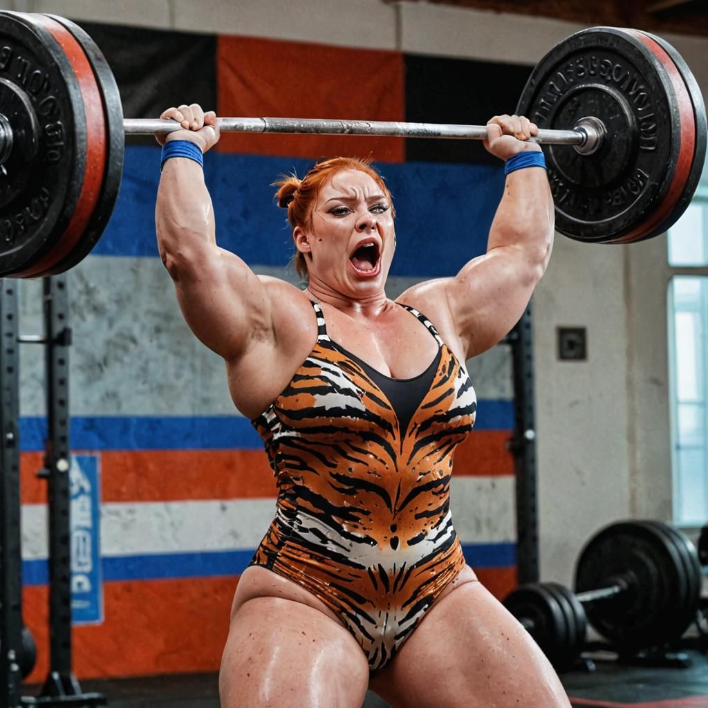 Muscular Russian Weightlifter in Vibrant Tiger Swimsuit, Con...