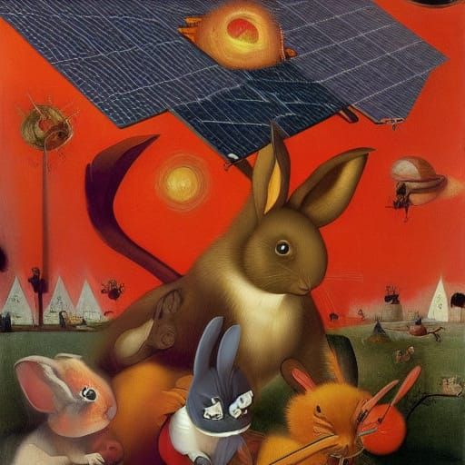 Surreal Solarpunk Landscape with Angered Rabbit and Solar Po...