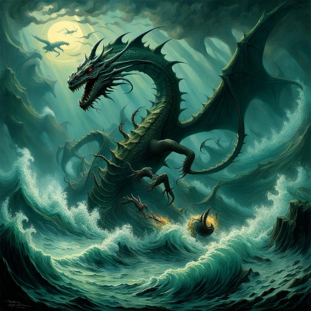 Fearsome Sea Dragon Attack in Engraving Style