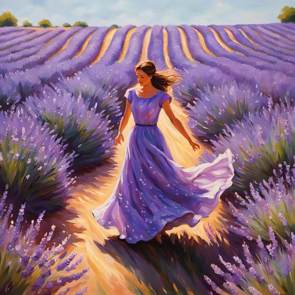 Woman Dancing in Lavender Field Impressionist Painting