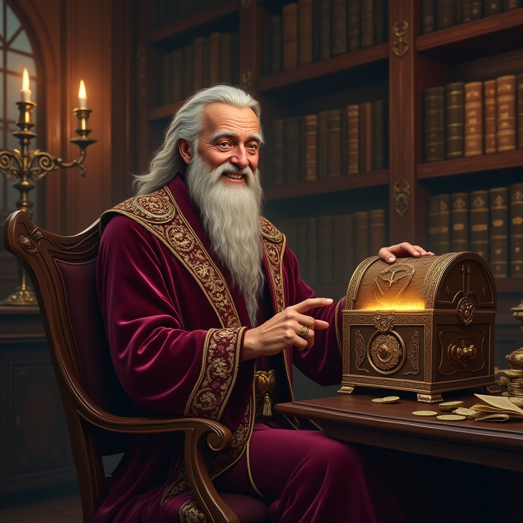 Regal Elderly Man in Ornate Fantasy Study
