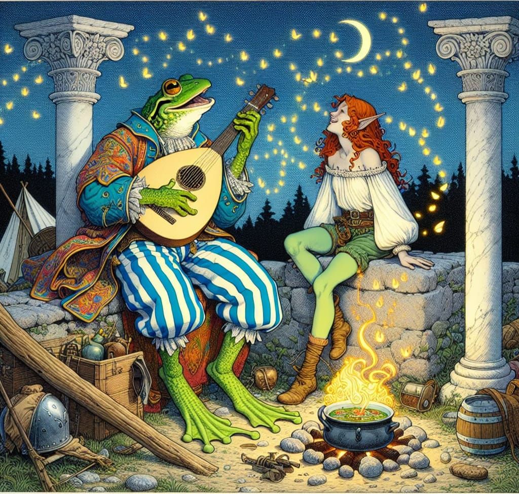 Frog and Elf Campfire Serenade: Detailed Illustration