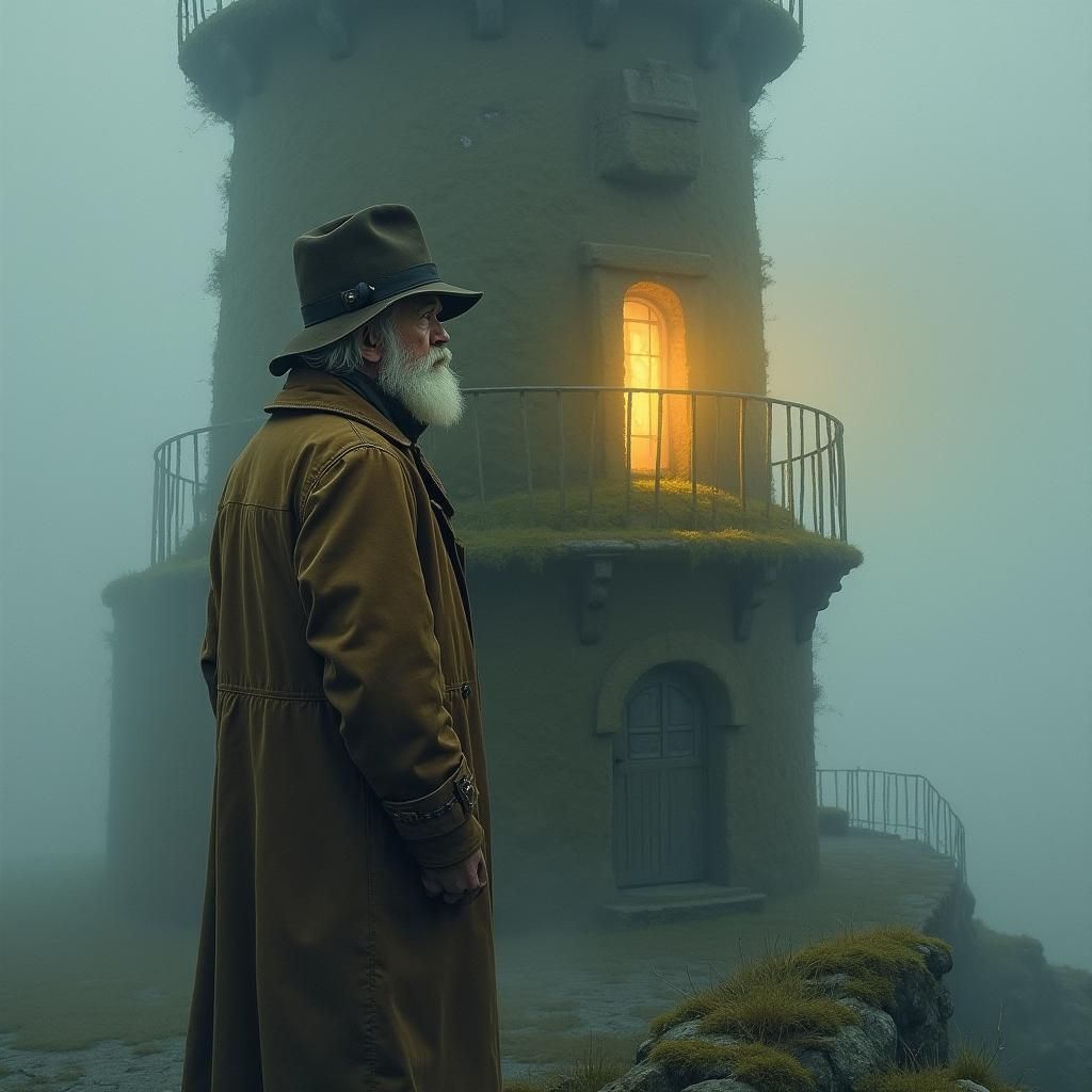 Lighthouse Keeper in Fog, Atmospheric Digital Art