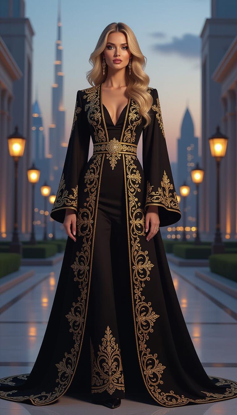 High-Fashion Abaya on Businesswoman in Cityscape